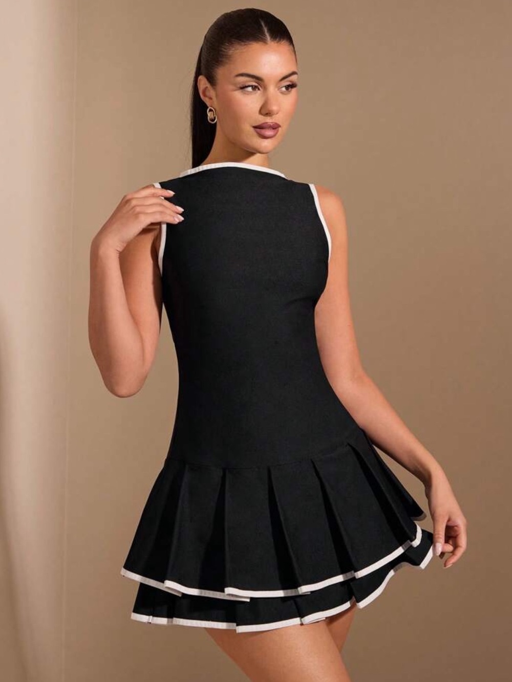 Sleeveless Black Pleated Hem Mini Dress with White Trim